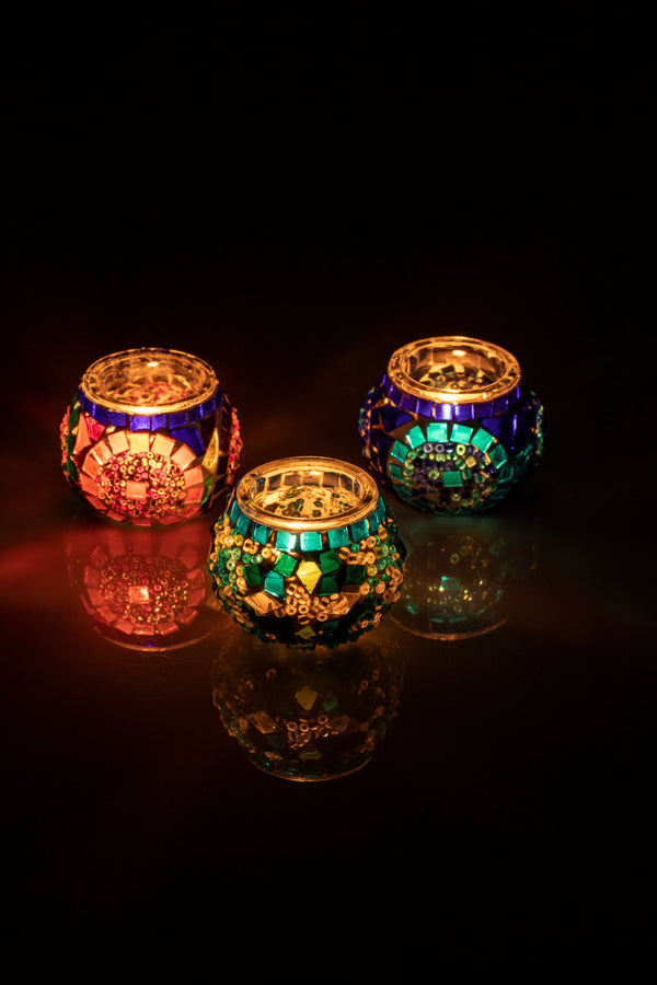 Mosaic Glass Candleholders - Set of 3