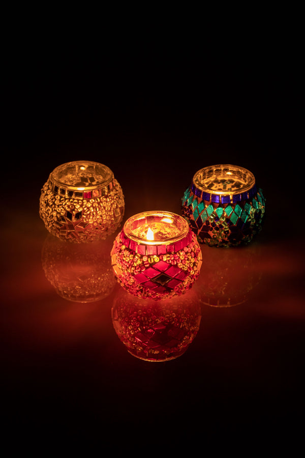 Mosaic Glass Candleholders - Set of 3