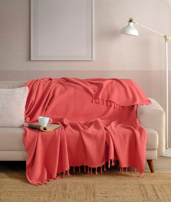 Waffle Stoned Coverlet - Coral
