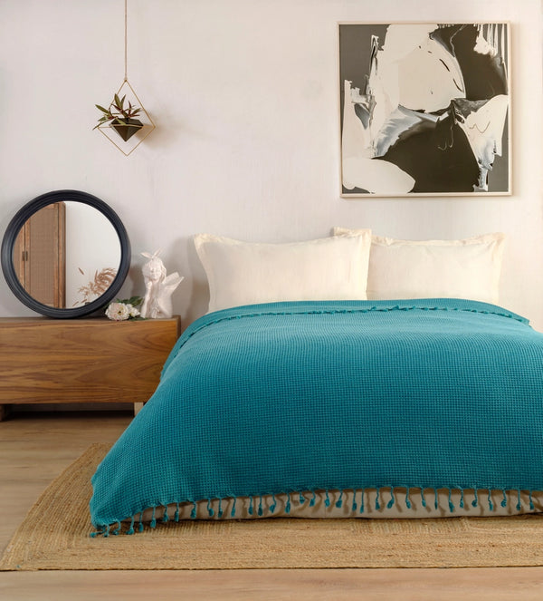 Waffle Stoned Coverlet  - Teal